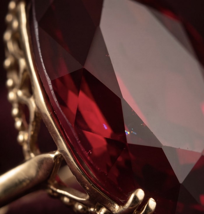 Carmen Natural 25.4 carat Ruby .925 Sterling Silver dipped in 22K Gold handmade Large Statement Ring size 5 3/4 - Close-up of 25.4 carat ruby set in gold, side view detail.