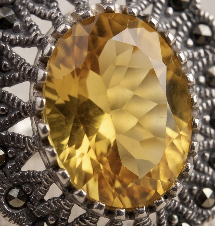 Costa del Sol 9.4 carat Lemon Quartz rhodium over .925 Sterling Silver handcrafted ring size 8 - Close-up of Costa del Sol 9.4 carat lemon quartz with rhodium setting.
