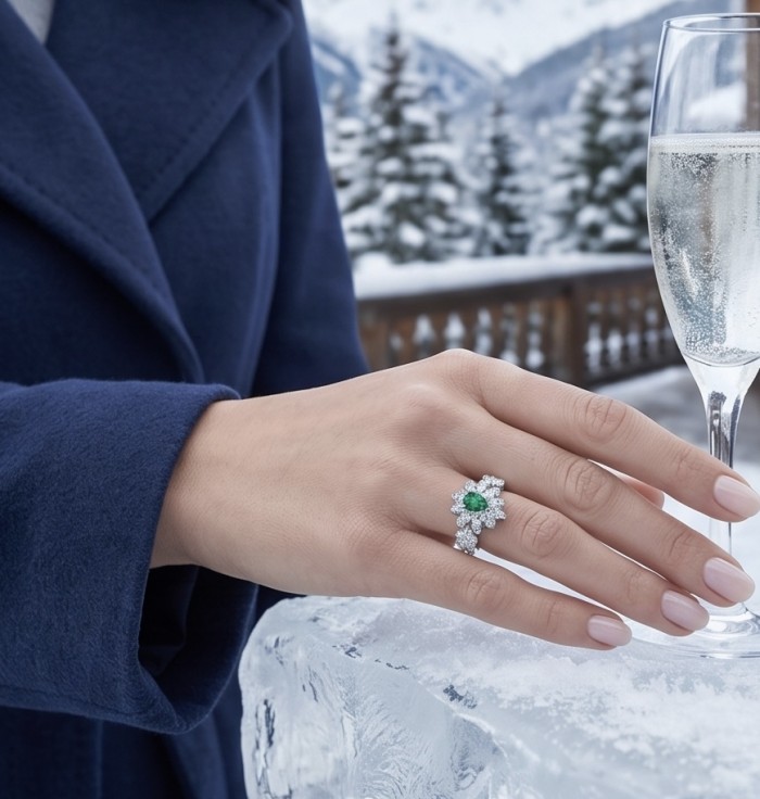 Estelle - Authentic 1.9 carat COLOMBIAN EMERALD rhodium over .925 Sterling Silver handcrafted Ring size 7 - Worn on hand, Estelle Colombian emerald ring against snowy landscape.