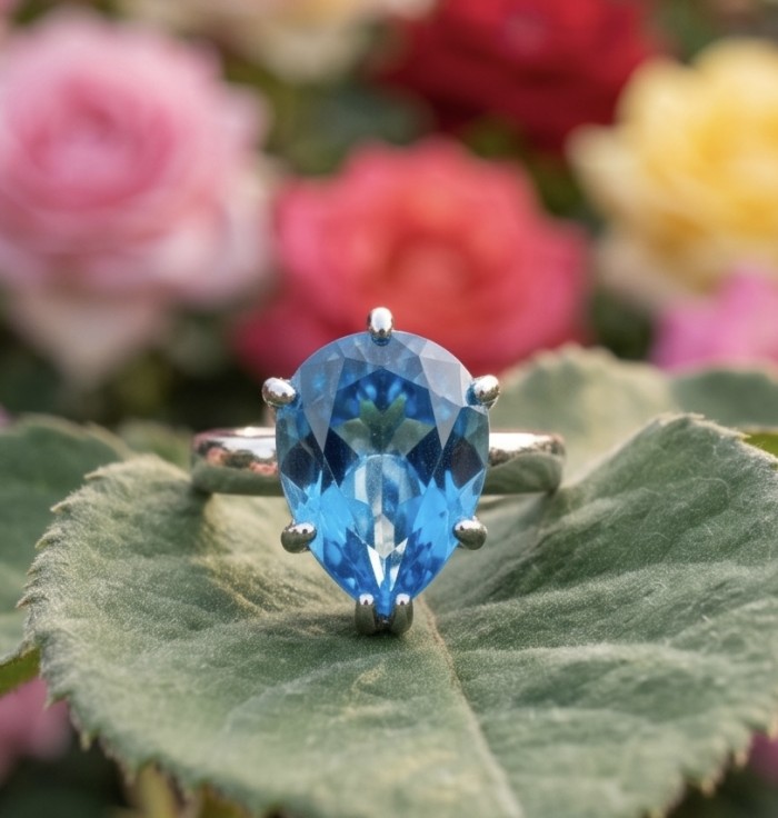 Angelina 8.9 carat authentic Aquamarine .925 Sterling Silver Handcrafted Ring size 7 - Close-up of Aquamarine ring on leaf, floral background