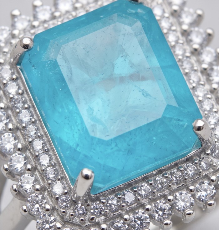 Wonderland 9.5 carat Brazilian Paraiba Tourmaline rhodium over .925 Sterling Silver Handcrafted Ring size 8 - Close-up of Wonderland Paraiba Tourmaline ring with diamond accents