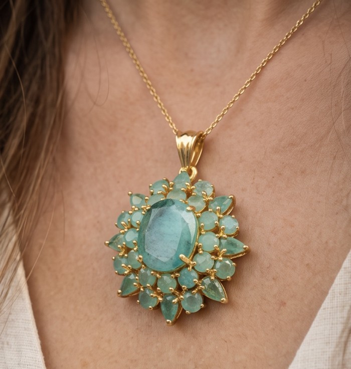 Tiffany - Authentic 18.5 carat Emerald 22K Gold over .925 Sterling Silver handmade Statement Pendant - Emerald pendant necklace in gold, close-up view worn on neck.