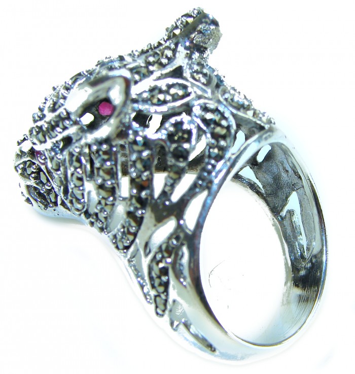 Panthère's Head Marcasite Ruby .925 Sterling Silver handcrafted Statement Ring size 10 - photo 2