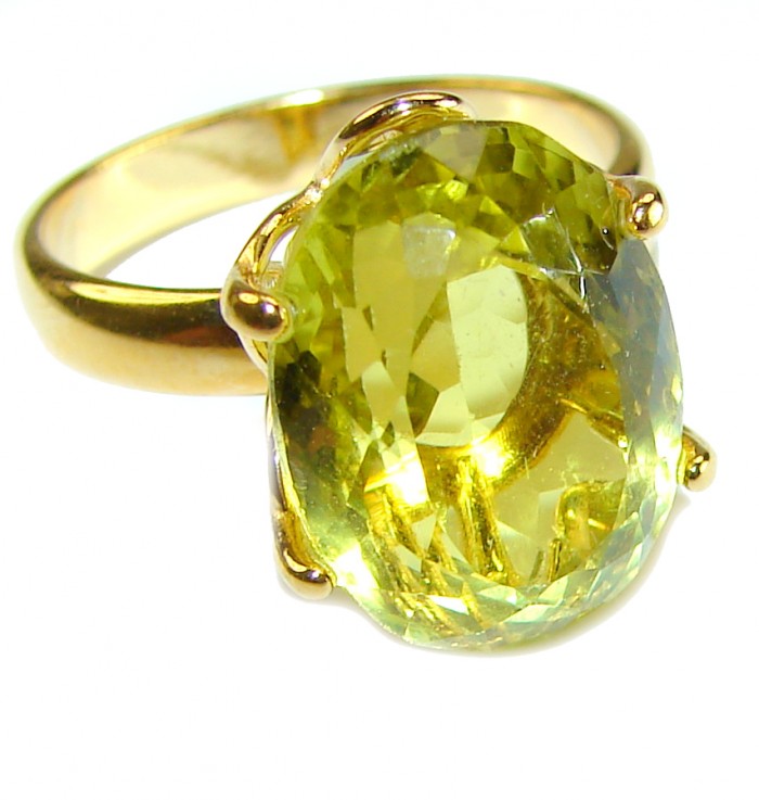 7.8 carat Genuine Lemon Quartz 14K Gold over .925 Sterling Silver handcrafted ring size 7 1/2 - Lemon quartz ring, 7.8 carat, gold setting, close-up view.