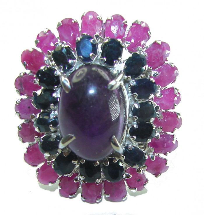 Magic Odyssey 27.5 carat authentic Amethyst .925 Silver handcrafted Statement Ring s. 7 - Amethyst and gemstone ring close-up, top view, 27.5 carats, silver setting