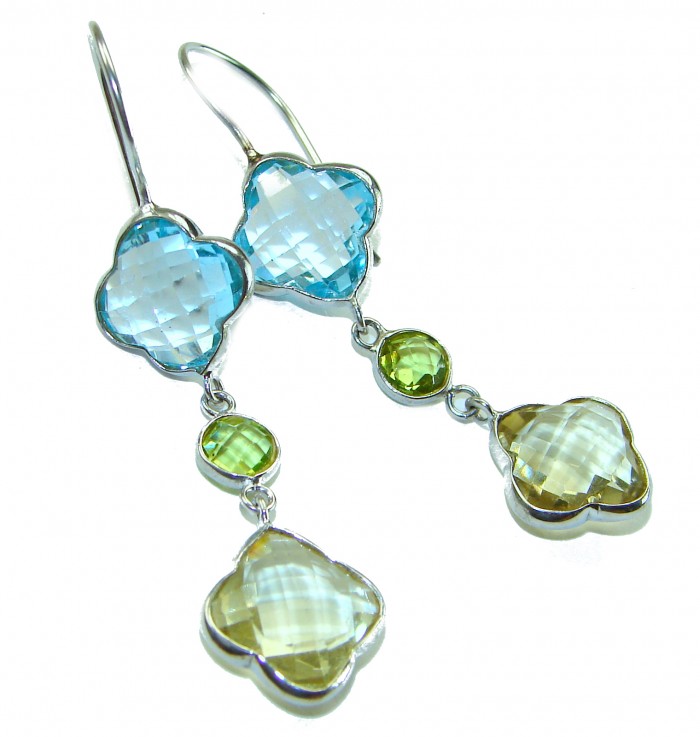 Clover 15.7 carat Swiss Blue Topaz Green Amethyst .925 Sterling Silver Statement earrings - Clover earrings with blue topaz and amethyst, side view.