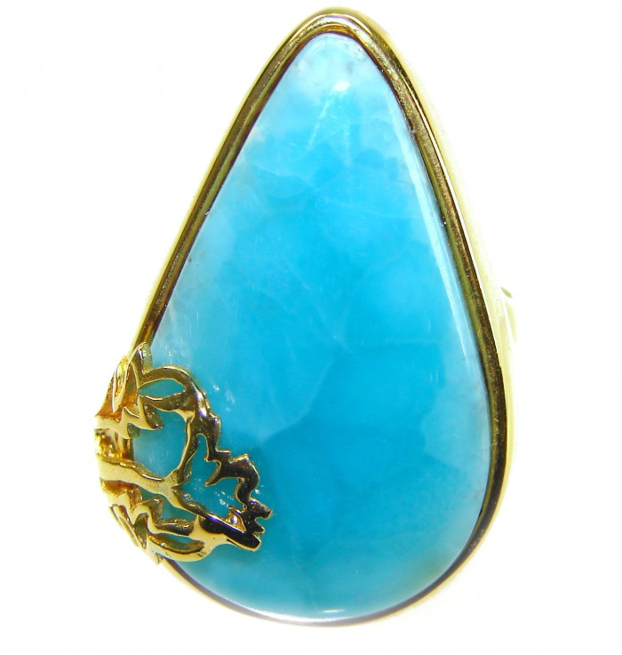 Blue Perfection Top QUALITY Blue Larimar 18K Gold over .925 Sterling Silver handmade Large ring size 8 1/4 - Close-up of Blue Larimar stone with gold detailing