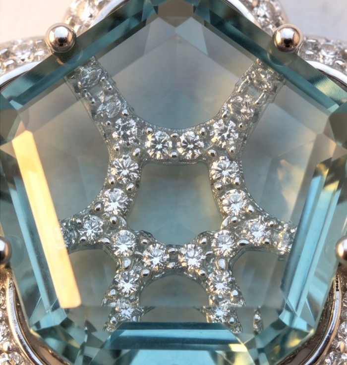 Rare Flower 7.2 carat GREEN GRANDIDIERITE .925 Sterling Silver handmade Pendant - Stone close-up of 7.2 carat green grandidierite with diamond accents.