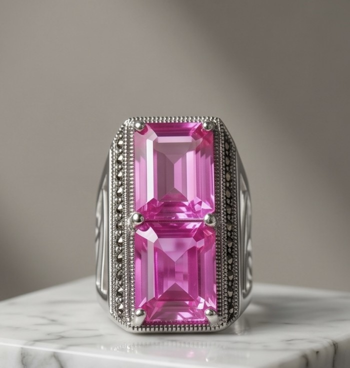 Anastasia 18.2 carat Pink Sapphire .925 Sterling Silver dipped in Rhodium Handcrafted Statement Ring size 8 - Front view of pink sapphire ring in sterling silver setting