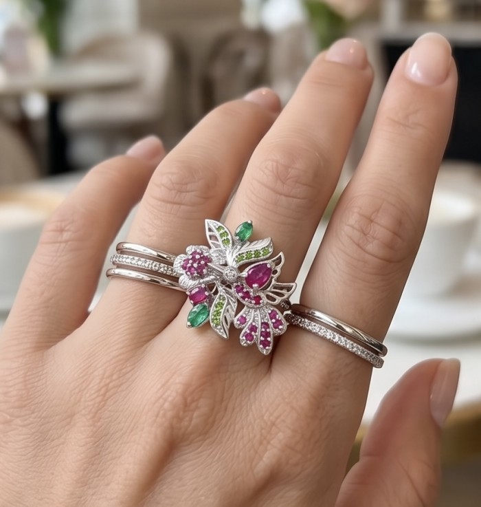 Blooming Garden 9.8 carat Mozambique Ruby Emerald rhodium over .925 Sterling Silver handmade Statement Ring size 9 - Blooming Garden ring on hand, featuring rubies and emeralds, 9.8 carat.