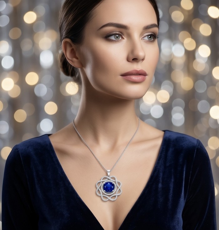 Julietta 4.5 carat genuine Sapphire .925 Sterling Silver dipped in rhodium handmade Pendant - Woman wearing Julietta Sapphire necklace, front view with bokeh background.