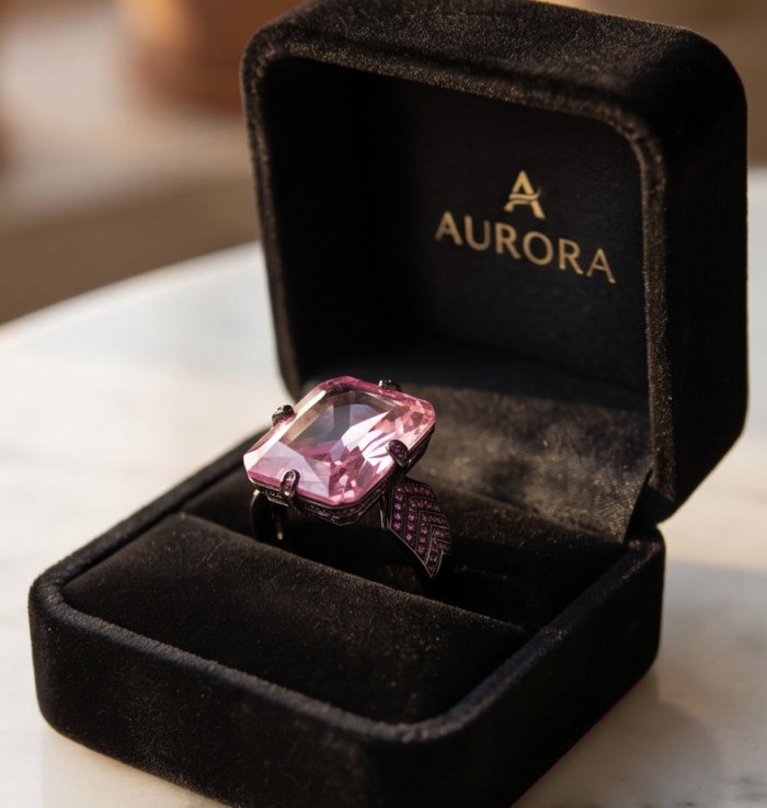 Anastasia 20.2 carat Pink Sapphire black rhodium over .925 Sterling Silver Handcrafted Statement Ring size 6 adjustable - Pink sapphire ring in black box, stone close-up angle