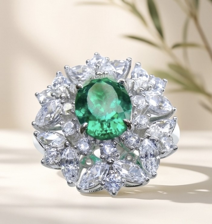 Elizabeth oval cut 4.8 carat Colombian Emerald 11.2 carat Moissanite .925 Sterling Silver dipped in Rhodium handcrafted Ring size 8 - Close-up of Elizabeth 4.8 carat Colombian Emerald ring with gems