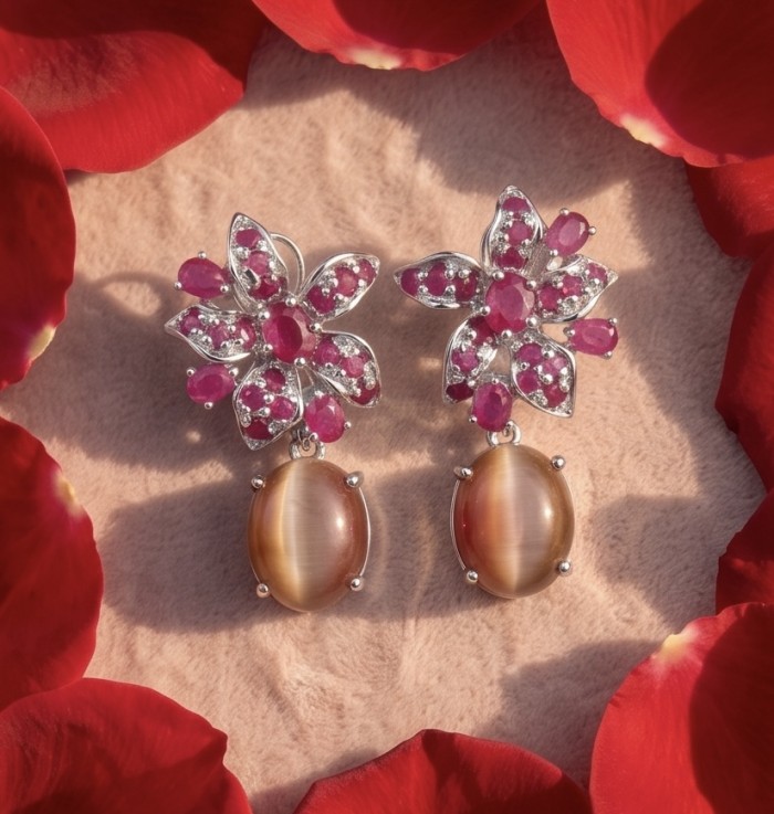 Isabella - Beauty of Nature - natural 27.5 carat yellow Sapphire Ruby Rhodium over .925 Sterling Silver handmade Statement earrings - Earrings with floral design and yellow sapphires, top view.