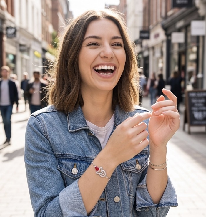 Giovanna - Magnificent Jewel 3.8 carat Ruby .925 Sterling Silver handcrafted incredible Statement Bracelet - Woman wearing Giovanna 3.8 carat ruby bracelet in a street setting.