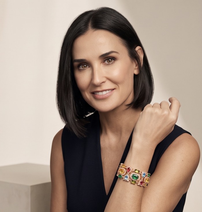 Tutti Frutti 28.5 CARAT MULTIGEM 18K Rose Gold over .925 Sterling Silver brilliantly handcrafted Bracelet - Woman wearing Tutti Frutti bracelet, front view, showcasing gemstones.