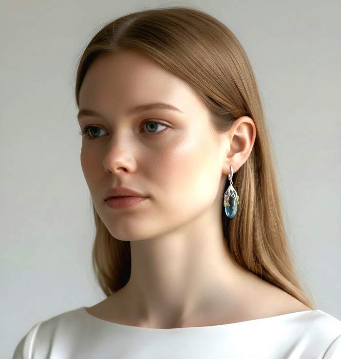 Blue Ocean Drops - 22.7 carat carved Swiss Blue Topaz 0.8 CARAT Ruby .925 Sterling Silver dipped in Rhodium Handcrafted Statement earrings - Side view of blue topaz earring worn.