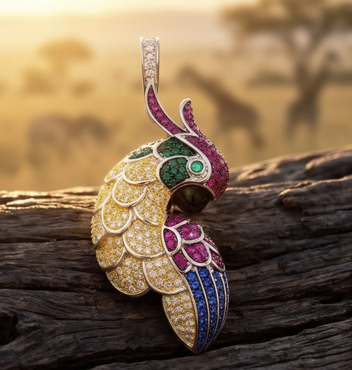 Exotic Parrot - 10.5 carat Ruby Emerald Sapphire 22K Gold over .925 Sterling Silver rhodium over handcrafted pendant - Parrot-shaped pendant with rubies, emeralds, and sapphires on wood background.