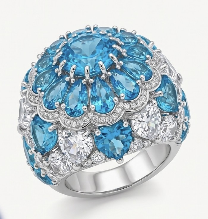 Blue Cascade Natural 14.8 carat Swiss Blue Topaz .925 Sterling Silver dipped in rhodium handmade Large Statement Ring size 6 1/4 - Close-up of Blue Cascade Swiss Blue Topaz ring, 14.8 carat.