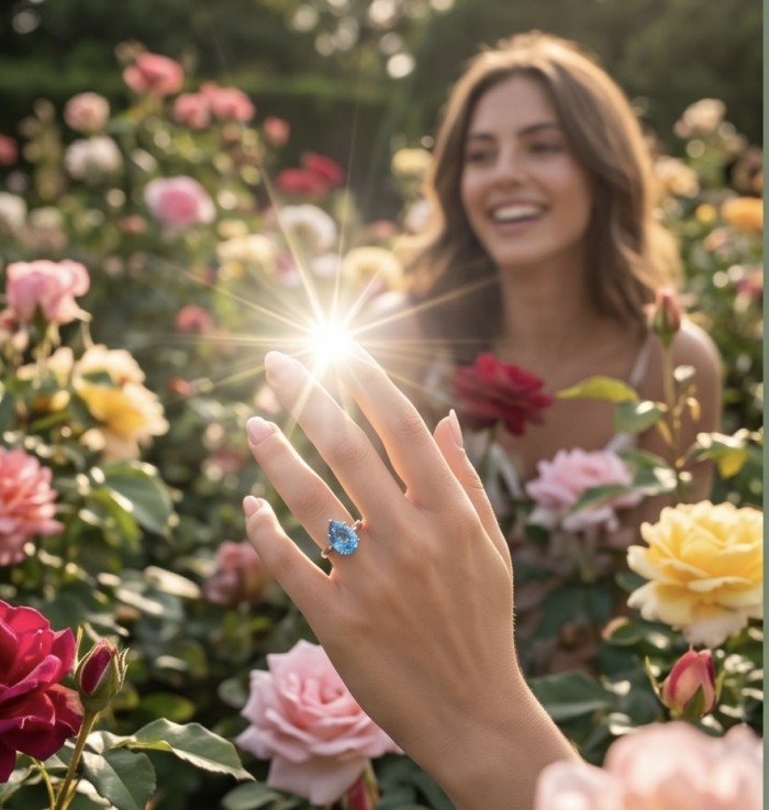 Angelina 8.9 carat authentic Aquamarine .925 Sterling Silver Handcrafted Ring size 7 - Aquamarine ring worn on hand, sparkling in a garden with roses.
