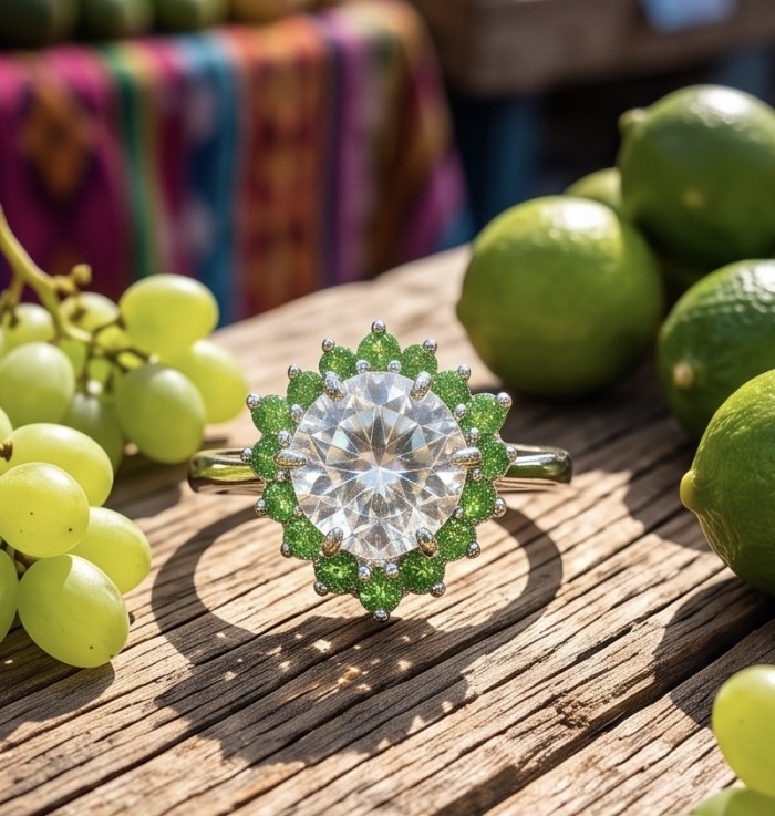 Natural 4.9 carat Green Amethyst Emerald .925 Sterling Silver handmade Statement Ring size 9 - Close-up of green amethyst ring on wood, grapes, and limes in background.