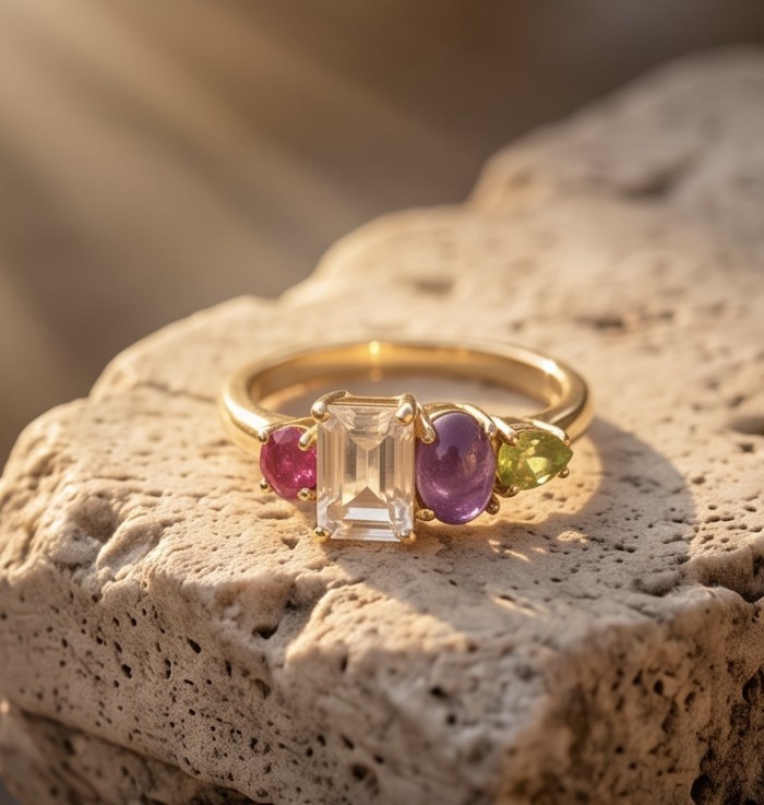 Victoria 5.2 carat Brazilian Citrine .925 Sterling Silver dipped in 14K Gold handcrafted ring; s. 8 - Gold ring with gems close-up, set on a stone surface.