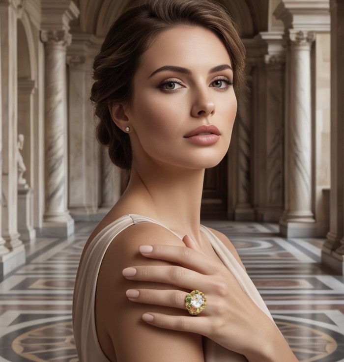 Dolce Vita - Natural 32.8 carat Citrine .925 Sterling Silver dipped in 22K Gold handcrafted Statement LARGE ring; s. 8 - Woman wearing Dolce Vita Citrine ring, front view in elegant setting.