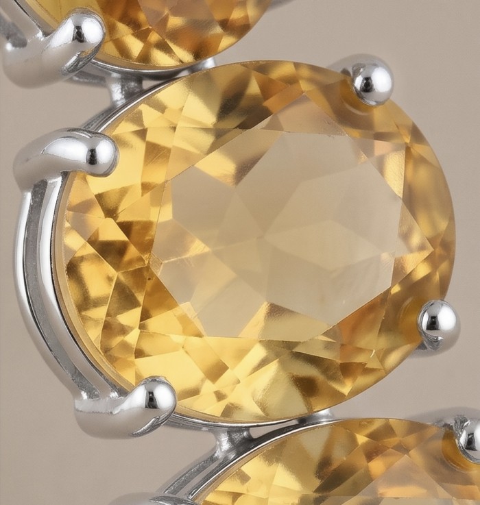Victoria Authentic 27.2 carat Brazilian Citrine rhodium over .925 Sterling Silver brilliantly handcrafted Statement earrings - Stone close-up of Victoria Authentic Brazilian Citrine in rhodium setting.