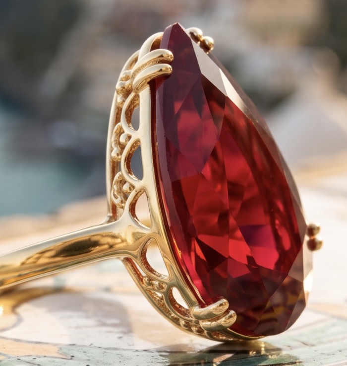 Carmen Natural 25.4 carat Ruby .925 Sterling Silver dipped in 22K Gold handmade Large Statement Ring size 6 1/4 - Close-up of Carmen 25.4 ct ruby ring in gold setting