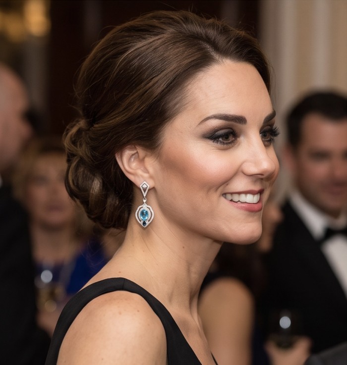 Tranquillity - 4.7 carat carved Swiss Blue Topaz .925 Sterling Silver dipped in Rhodium Handcrafted Statement earrings - Side view of Swiss Blue Topaz earrings worn at an event.