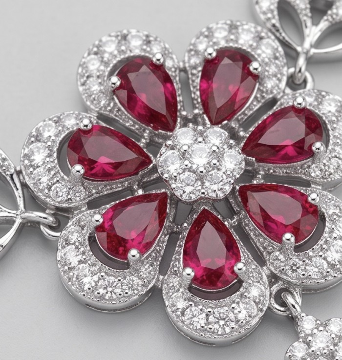 Izabella Luxurious natural 8.9 carat Ruby rhodium over .925 Sterling Silver handmade necklace - Ruby and diamond flower pendant close-up, showcasing stones and metalwork.