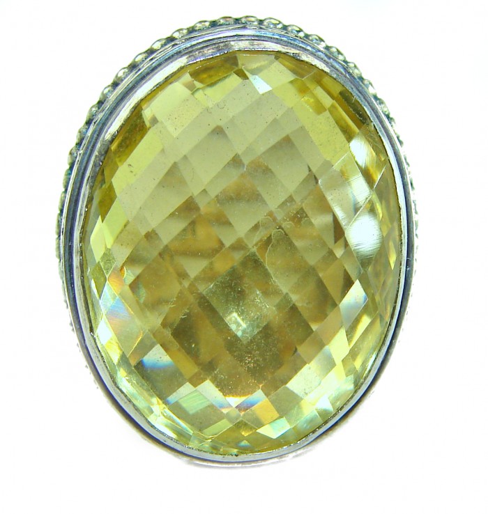 Fancy oval cut Solid 20.8 carat Genuine Lemon Quartz .925 Sterling Silver handcrafted ring size 9 - photo 3