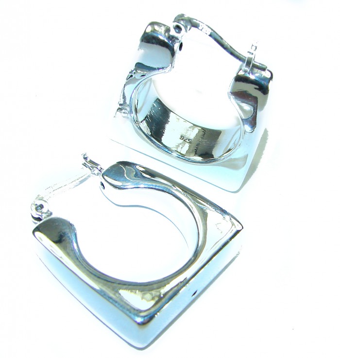 LARGE - EXTRAVAGANZA - Highly Polished Fancy .925 Sterling Silver Italy made Earrings - Square hoop earrings, top view, highly polished sterling silver.