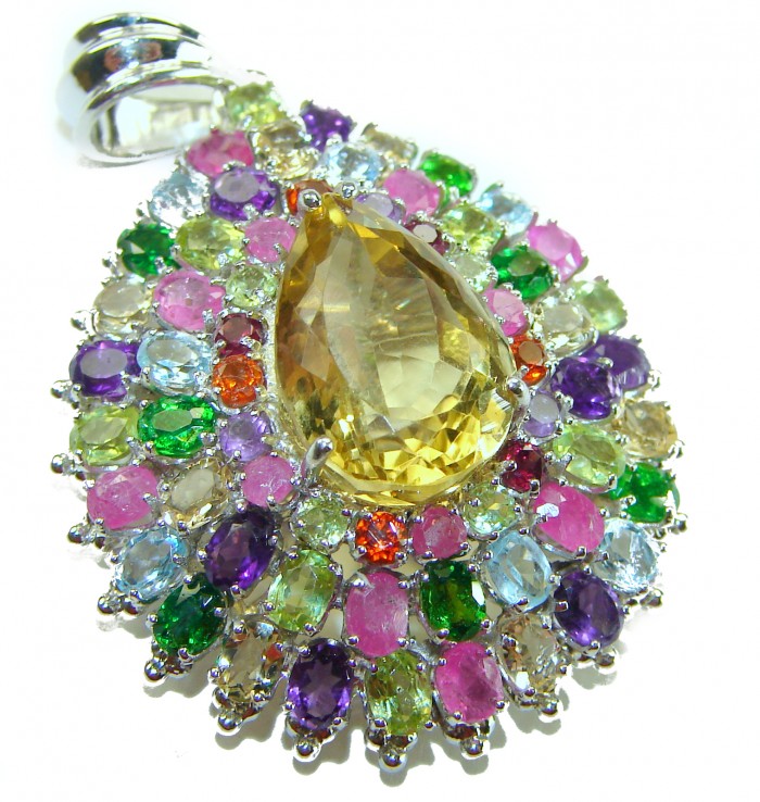 Wonderland 41.1 carat Lemon Quartz .925 Sterling Silver handcrafted pendant - Close-up of colorful gemstone pendant with lemon quartz centerpiece