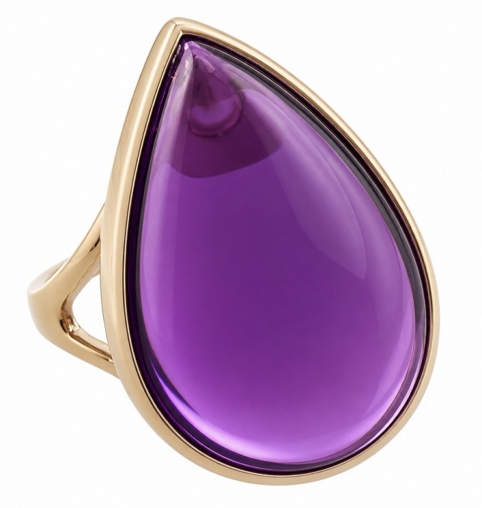 Top quality 23.5 carat Amethyst .925 Sterling Silver dipped in 18K Gold Handcrafted Large Ring size 8 - Teardrop amethyst ring close-up with gold setting.