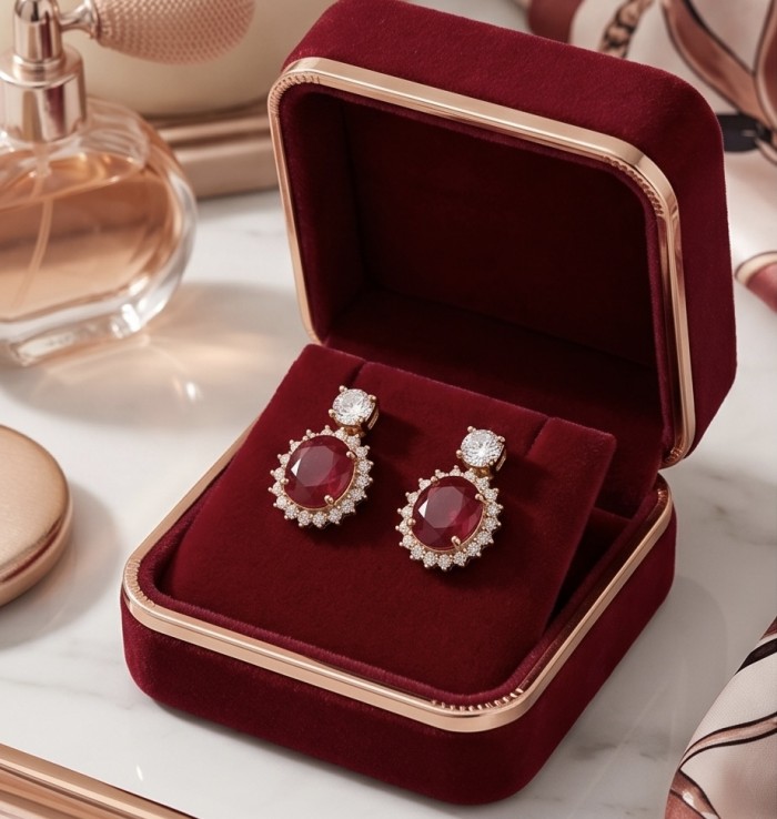Exquisite 12.4 ctw Mozambique Ruby .925 Sterling Silver dipped in 22K Gold handcrafted Statement earrings - Ruby earrings in open velvet box, top view.