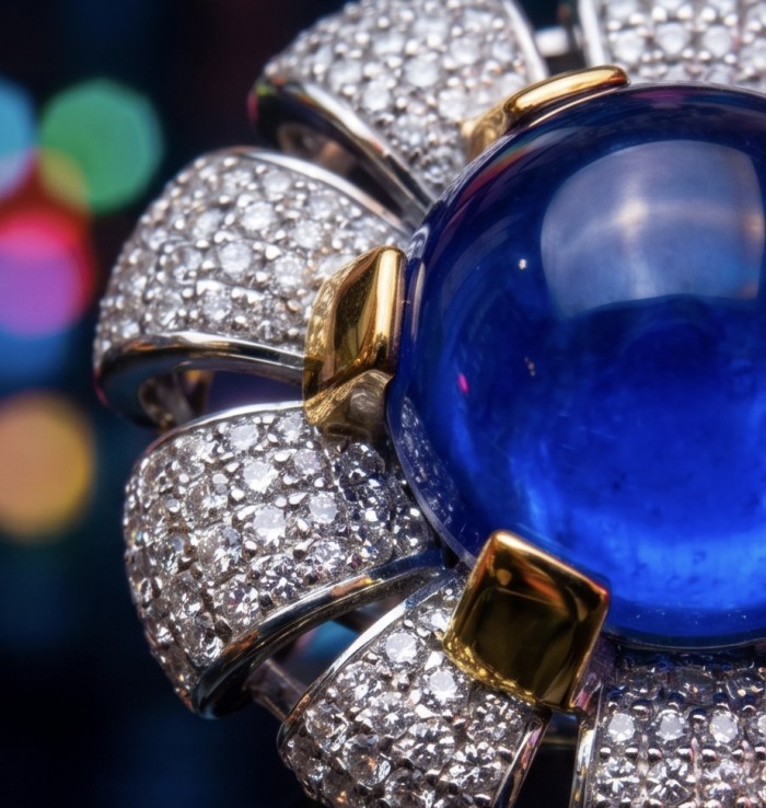 Purple Flower Natural 14.2 carat Tanzanite 2 tones .925 Sterling Silver dipped rhodium handmade Statement Ring size 7 1/4 - Stone close-up of Tanzanite ring with diamond detailing.