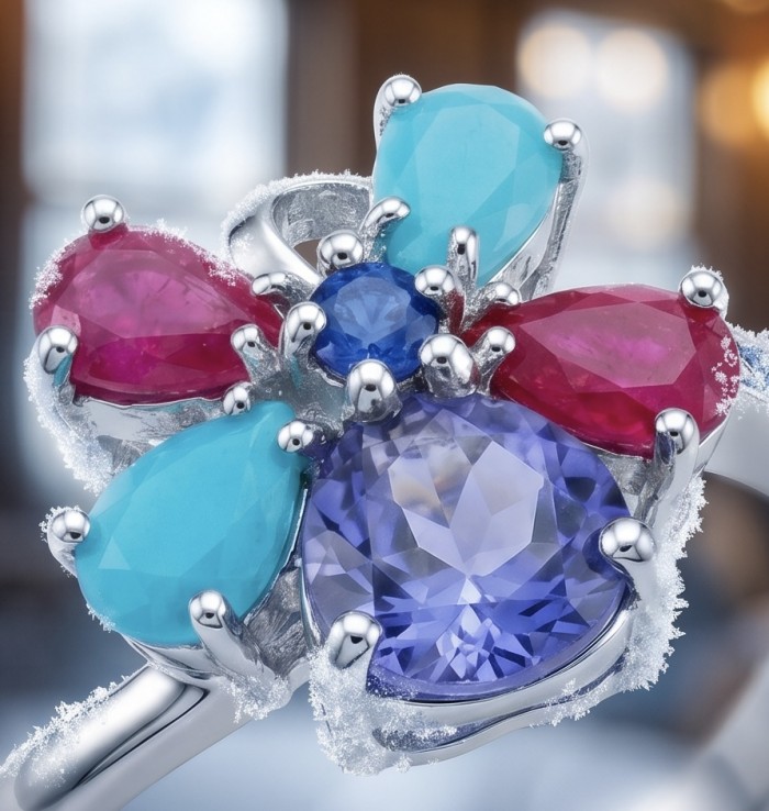 Flower 7.2 carat Multigem .925 Sterling Silver Handcrafted Ring size 7 - Close-up of flower multigem sterling silver ring with frost details.