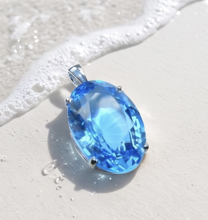 Vintage style 39.8 carat Swiss Blue Topaz .925 Sterling Silver DIPPED IN RHODIUM handmade Pendant - Close-up of vintage Swiss Blue Topaz pendant on sandy beach surface.