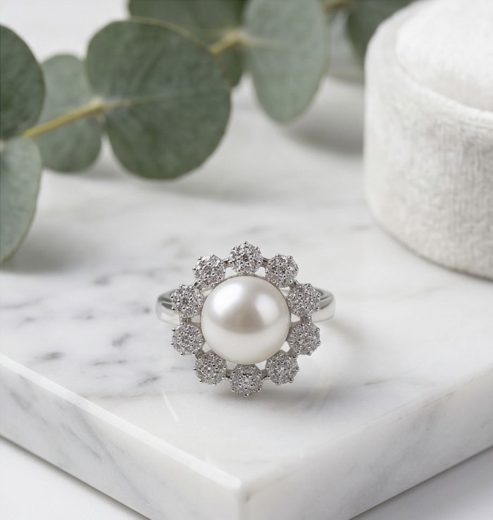Authentic rare Freshwater Pearl .925 Sterling Silver handcrafted ring; s. 8 - Freshwater Pearl Sterling Silver Ring close-up on marble background
