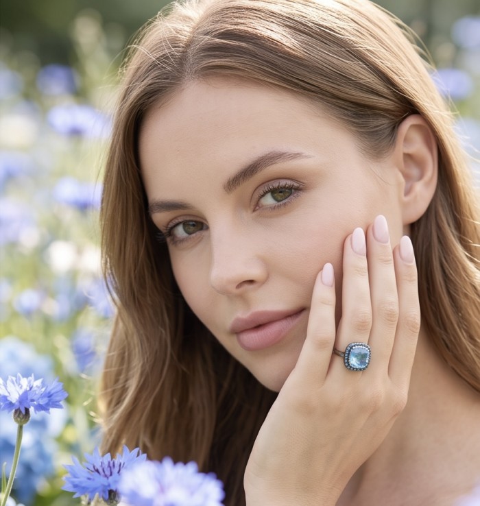 Pacifica 14.8 carat Swiss Blue Topaz .925 Sterling Silver dipped in rhodium handcrafted ring size 6 - Pacifica ring worn on hand, 14.8 ct Swiss Blue Topaz, sterling silver.