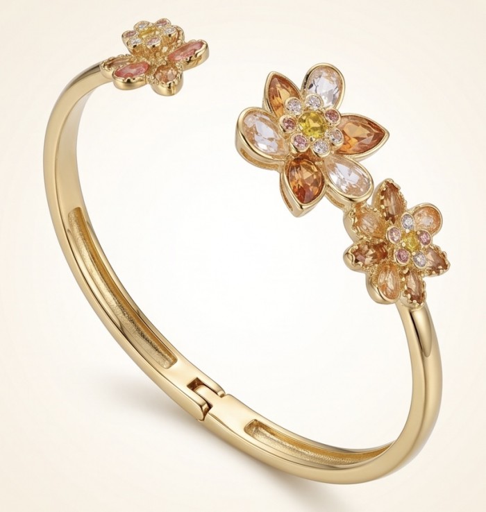 12.2 carat Blooming Garden Natural multicolot Topaz 14k Gold over .925 Sterling Silver handcrafted Statement Bracelet - Gold bracelet with multicolor topaz flowers, side view.