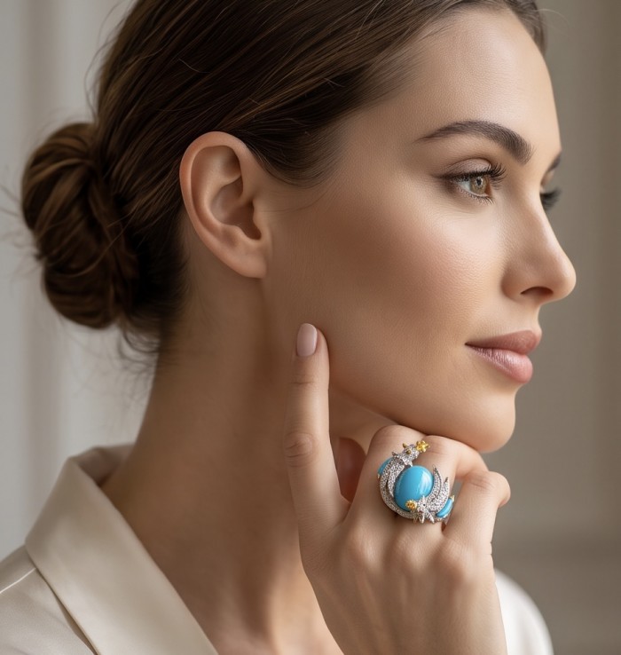 Birds on a Rock 0.7 carat Lab Grown Diamond genuine Sleeping Beauty Turquoise Ring in .925 Sterling Silver partially plated with 22K Gold size 7 - Side view of woman wearing Birds on a Rock diamond and turquoise ring.