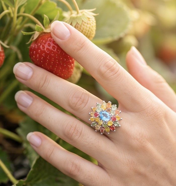 Fiesta 11.8 carat Swiss Blue Topaz .925 Sterling Silver dipped in rhodium handcrafted ring size 7 3/4 - Ring with Swiss Blue Topaz, worn on hand near strawberries.