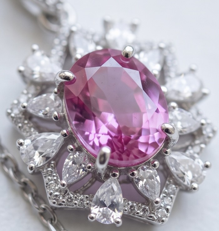 Isabella - delicate 6.7 carat Bubblegum Pink Sapphire .925 Sterling Silver handcrafted Statement Necklace - Close-up of Isabella pink sapphire necklace, 6.7 carat, surrounded by gems.