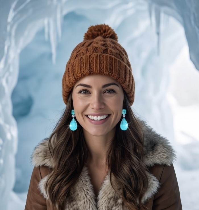 Divine Beauty 18.5 carat Aquamarine .925 Sterling Silver Handcrafted .925 Sterling Silver handcrafted EARRINGS - Aquamarine earrings worn in icy setting; close-up on bright stones.