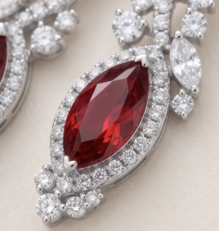Exquisite 9.4 ctw Mozambique Ruby .925 Sterling Silver handcrafted Statement earrings - Close-up of 9.4 ctw Mozambique Ruby in .925 Sterling Silver setting