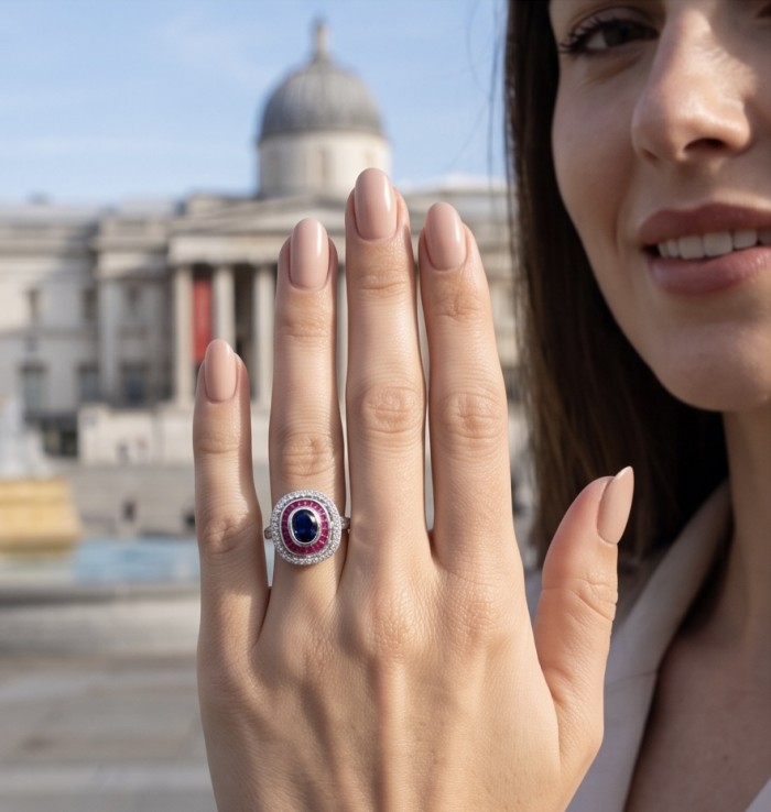 Art Deco 8.6 ctw Sapphire Ruby Rhodium plated .925 Sterling Silver handcrafted Statement Ring size 8 - Ring worn on hand, showing sapphire and ruby in plaza background