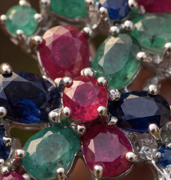 Rare creation - Deluxe 22.2 carat authentic Kashmir Ruby rhodium over .925 Sterling Silver handmade Statement Pendant - Close-up of multicolored gemstones in an intricate jewelry setting.