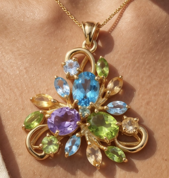 Colors of the Earth Precious 18.5 carat Multigem 18K Gold over .925 Sterling Silver Statement Pendant - Gold multigem pendant close-up showing vibrant gemstones.
